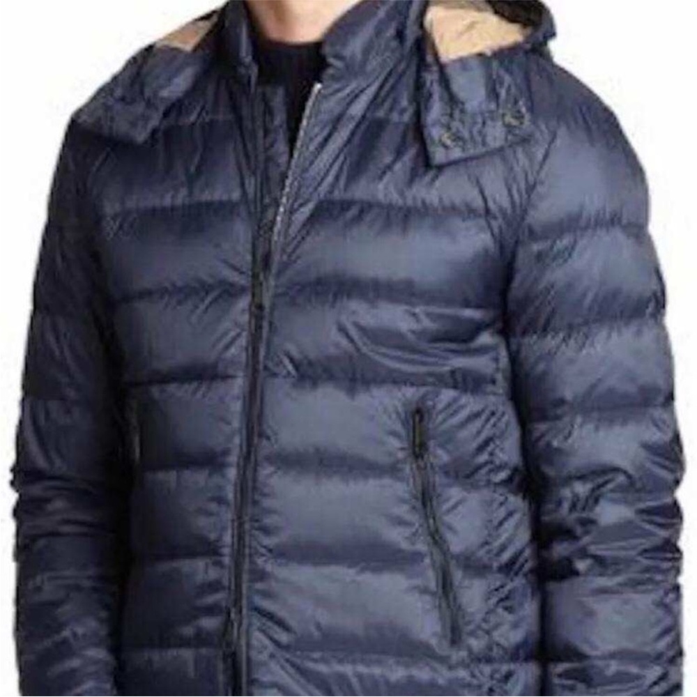 Burberry Navy Blue Quilted Puffer Jacket with Tan Hood Lining